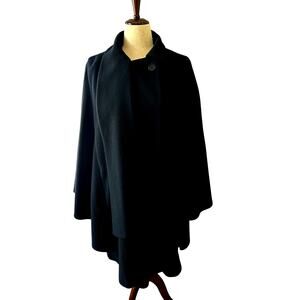Vtg Black Cape Coat 100% Wool Women's Velvet Scarf Pockets Size Large Timeless